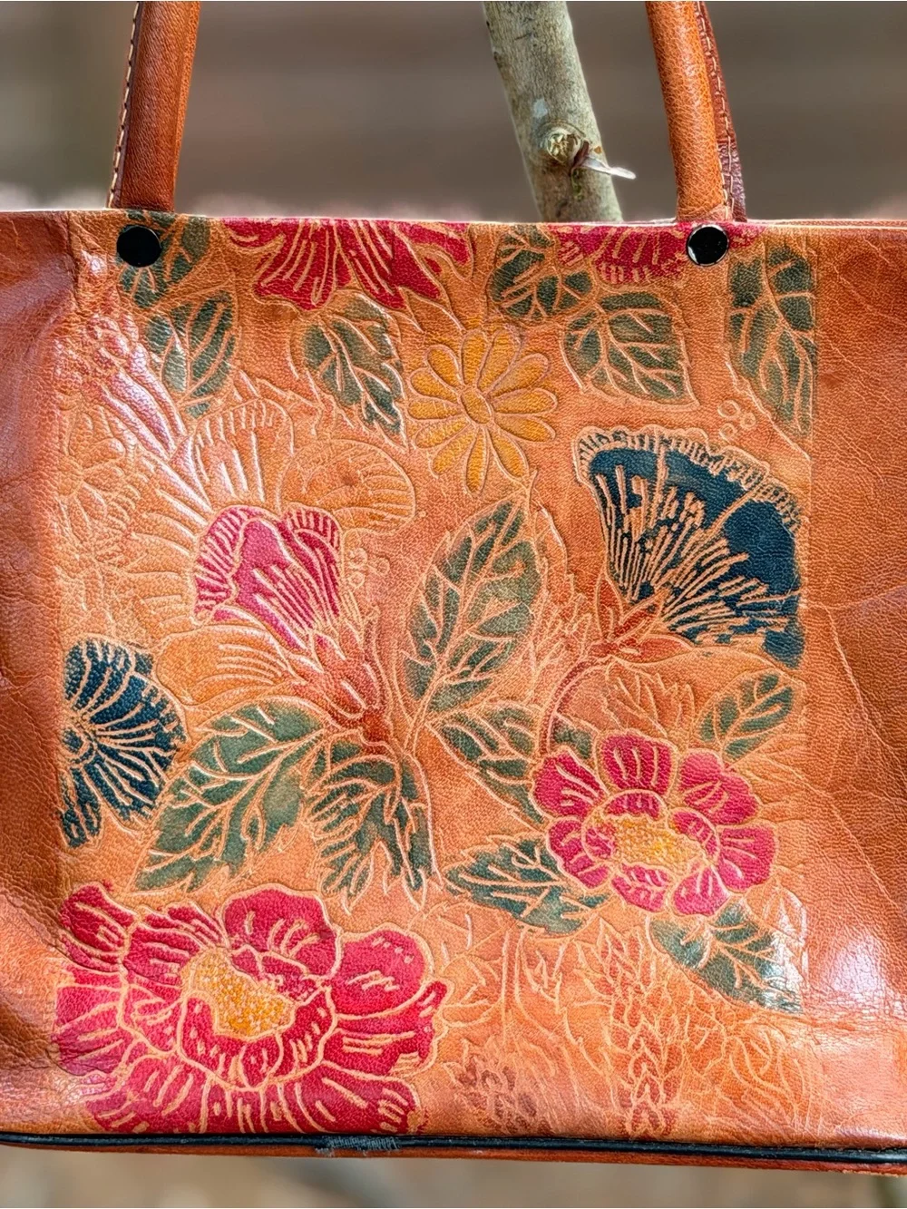 VTG Buffalo Leather Floral Saddle Bag Hand-tooled Hand-painted Red & Greens